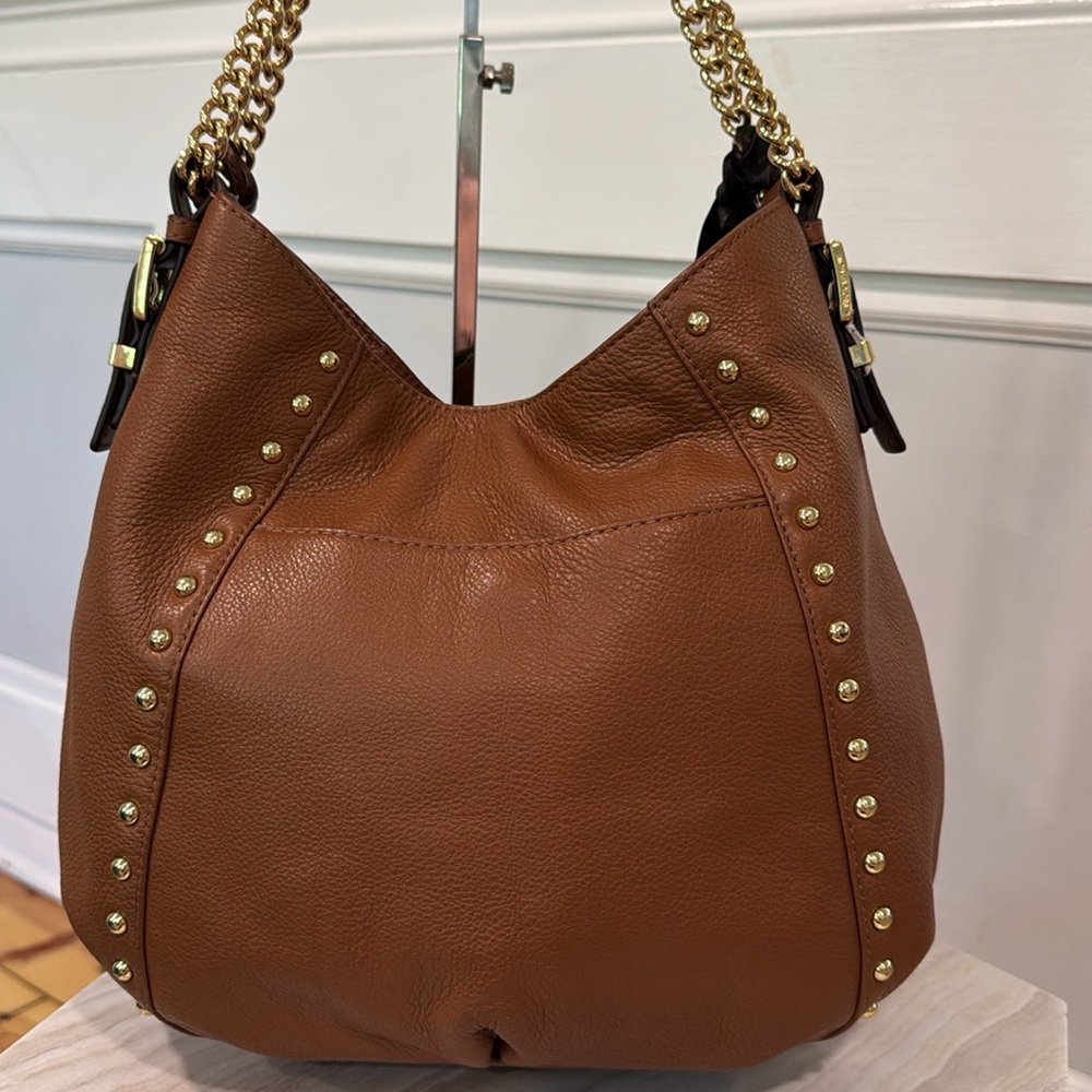 Michael Kors Bag  Brown Pebbled Leather Hobo Bag with Gold Studs and Gold Chain - Picture 7 of 17